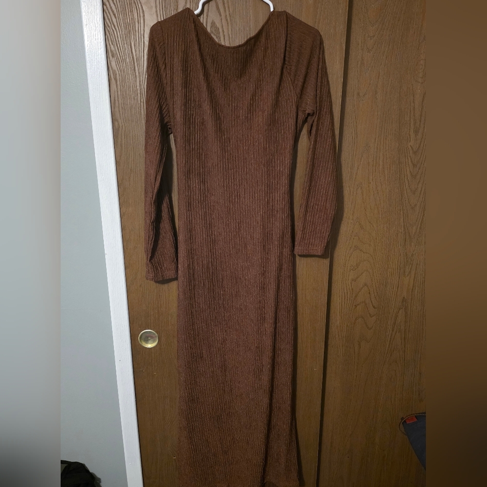 SHEIN Brown Long Sleeve Dress with Belt Detail - Picture 2 of 3